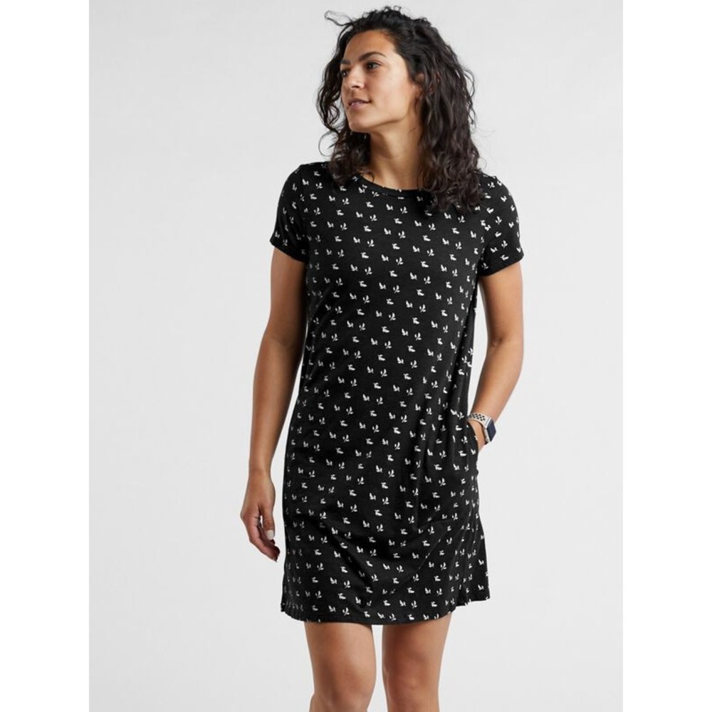 Toad&Co Seismic Shift T-Shirt Dress Medium Black Leaf Print Gorpcore Relaxed